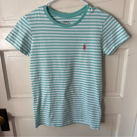 Polo Ralph Lauren Striped Cotton T-Shirt White Teal Embroidered Pony Logo Small - Picture 1 of 7